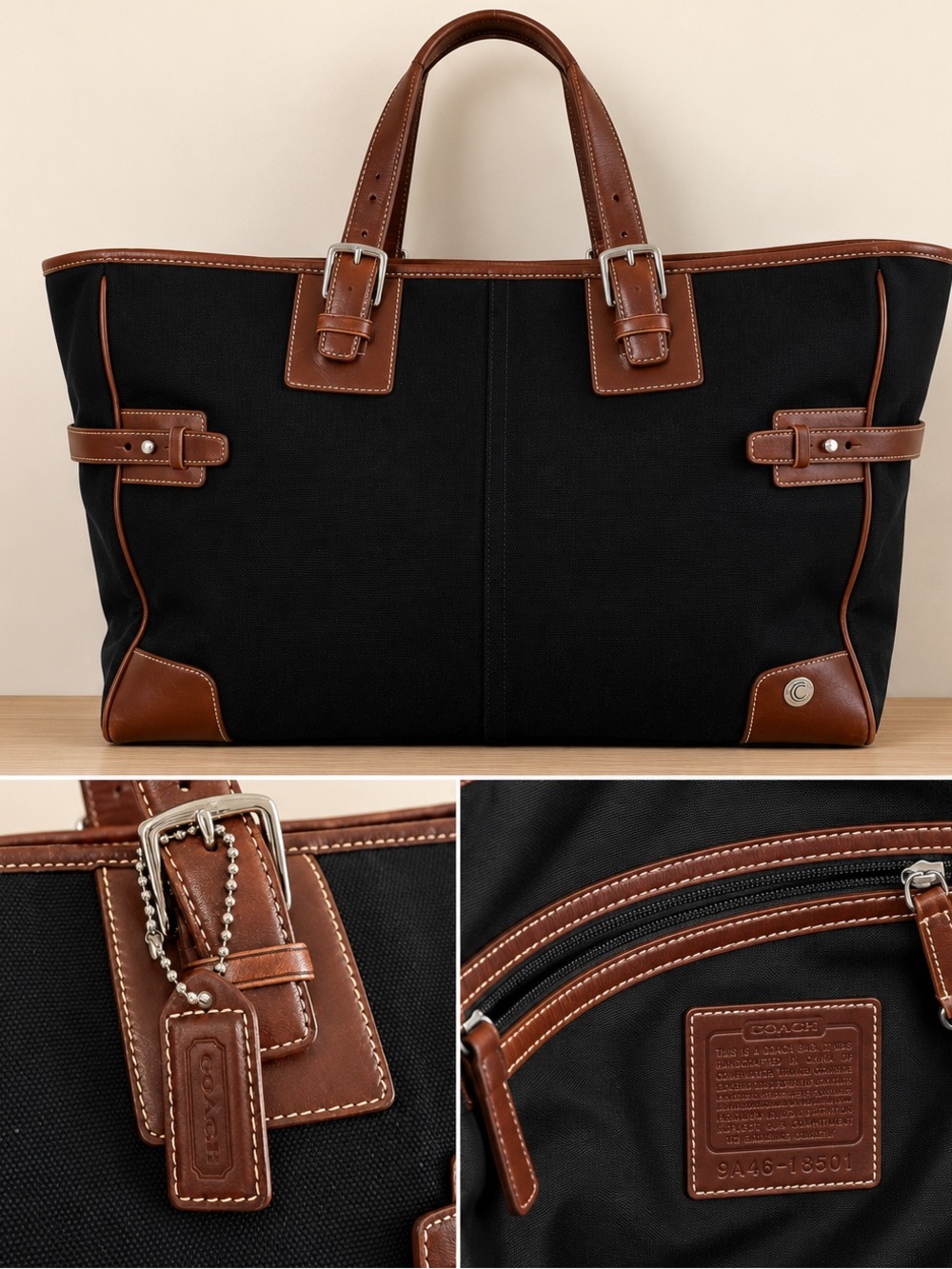 Coach Black Canvas Tote with Brown Leather Trim